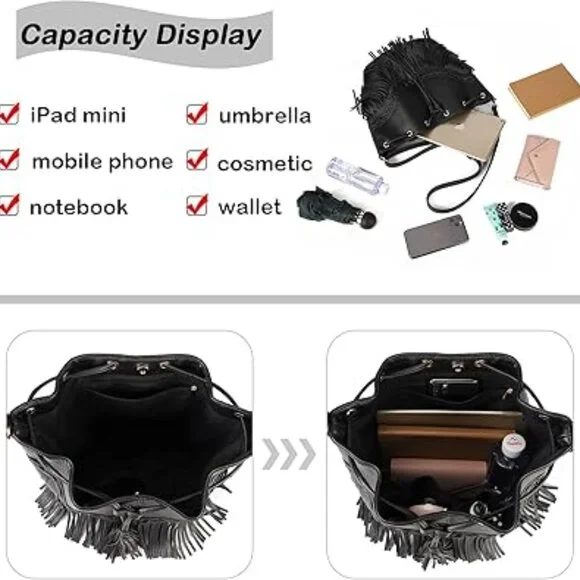 Leather Bucket Bags for Women Crossbody Fringe Purses with Drawstring Ladies - Picture 3 of 5